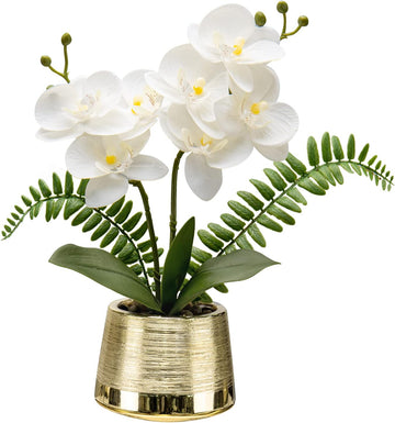 White Orchids Artificial Flowers in Gold Pot Faux Phaleanopsis Orchid Bonsia Fake Orchid Centerpiece - Set of 2