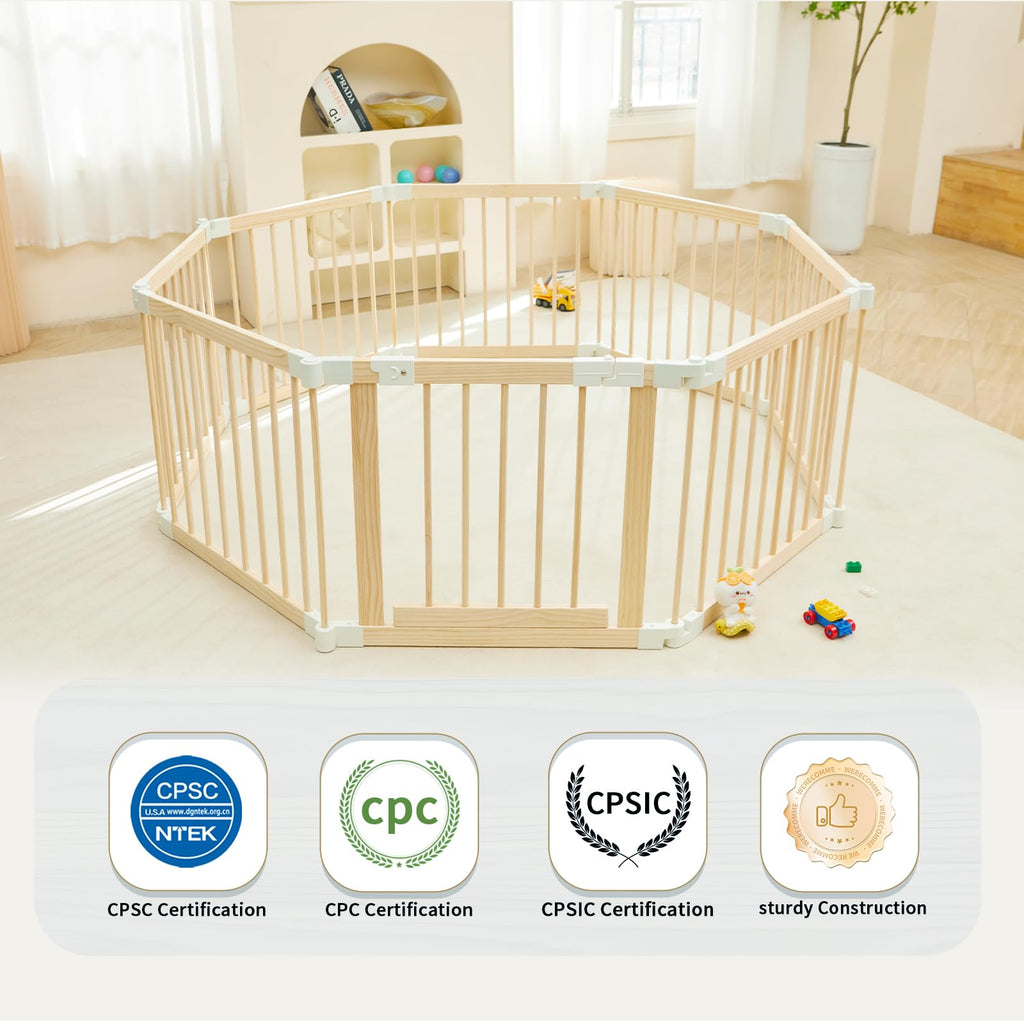 Baby Playpen, Foldable Wooden Play Yard with Gate and Child Proof Lock