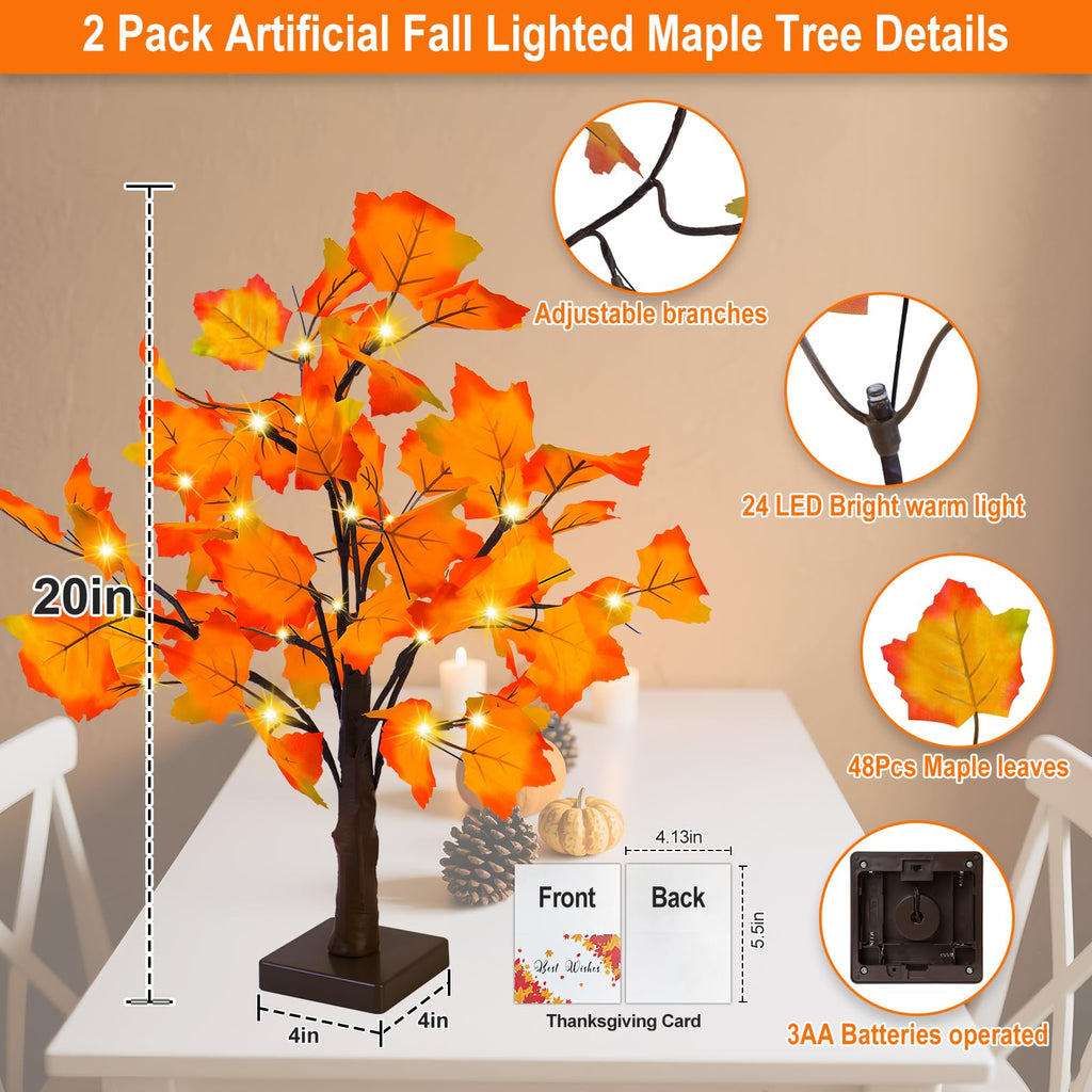 Fall Decor 2 Pack Fall Trees Artificial Lighted Maple Tree Thanksgiving Decor 48 LED Table Fall Lights Up Tree