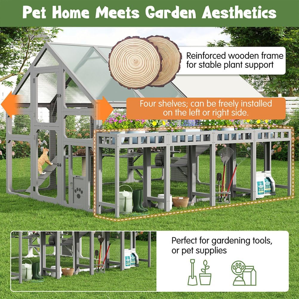 Large Outdoor Cat Enclosure Catio, 94.5" Wooden Walk-in Cat House with Platforms, Bridges, Cat Houses & Waterproof