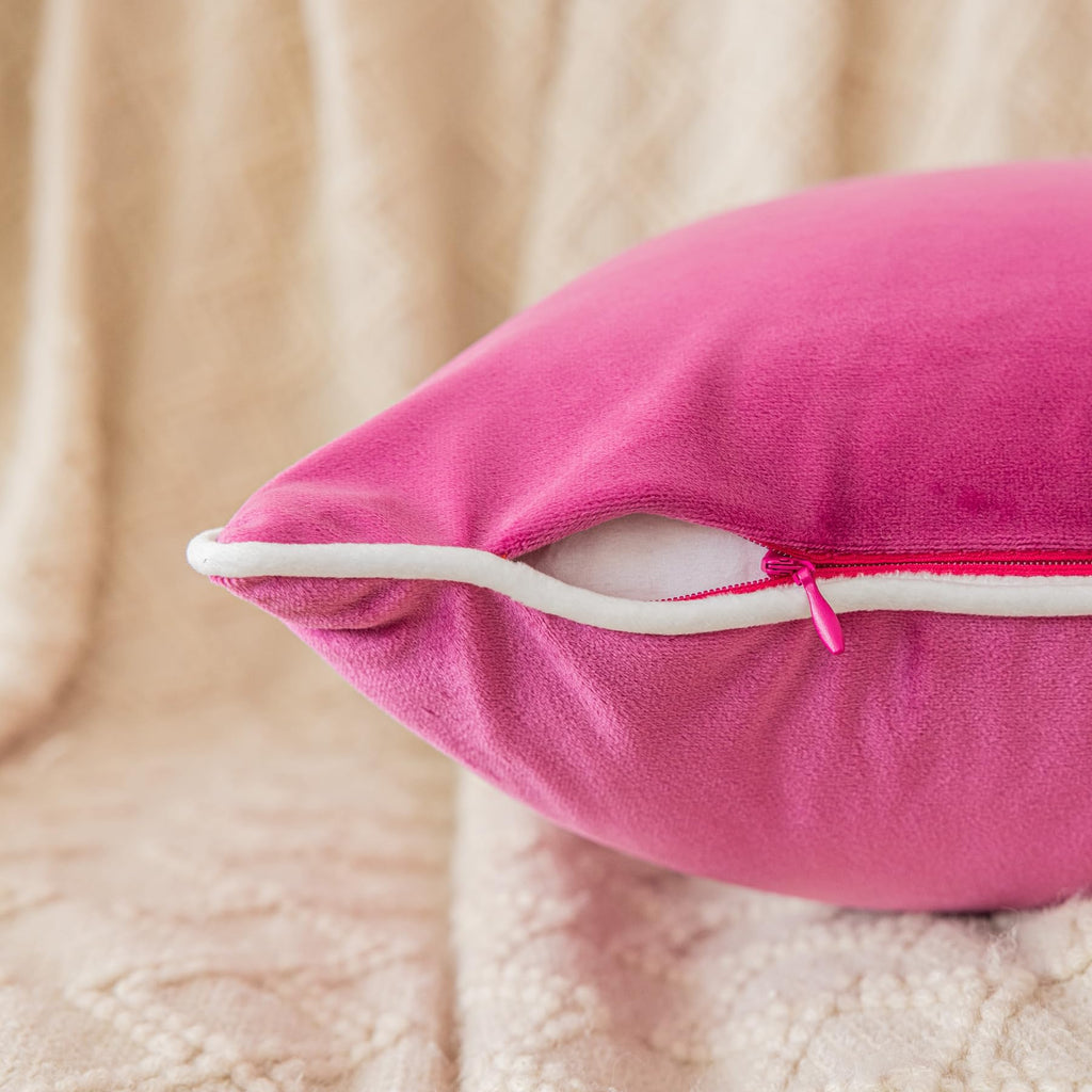 Set of 2 Hot Pink and White Velvet Throw Pillow Covers Modern Minimalist Style Solid Decorative White Rope Edging