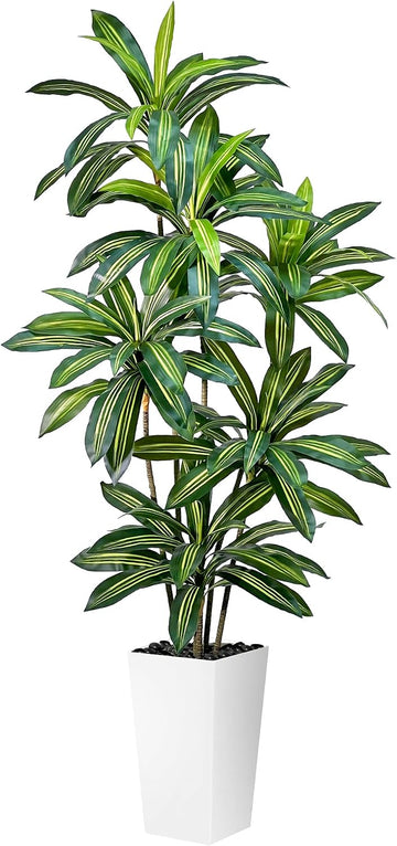 Dracaena Tree 7FT Tall Fake Plant with WhitePlanter - Realistic Faux Dragon Tree with Tall Planter - Indoor Floor