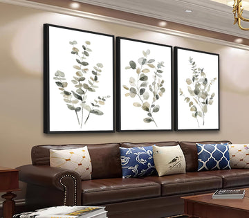 Large Framed Botanical Wall Art - Eucalyptus Leaf Wall Decor Set of 3 Taupe Simple Life Painting Prints