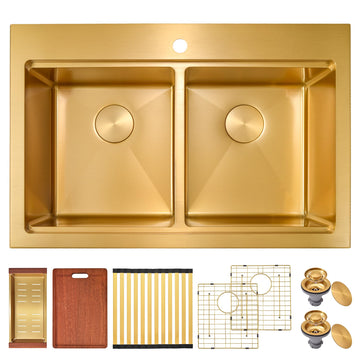 33 Inch Gold Double Bowl, 33''x22'' Gold Workstation Sink 50/50 Topmount Double Basin with Accessories, Drop in 16