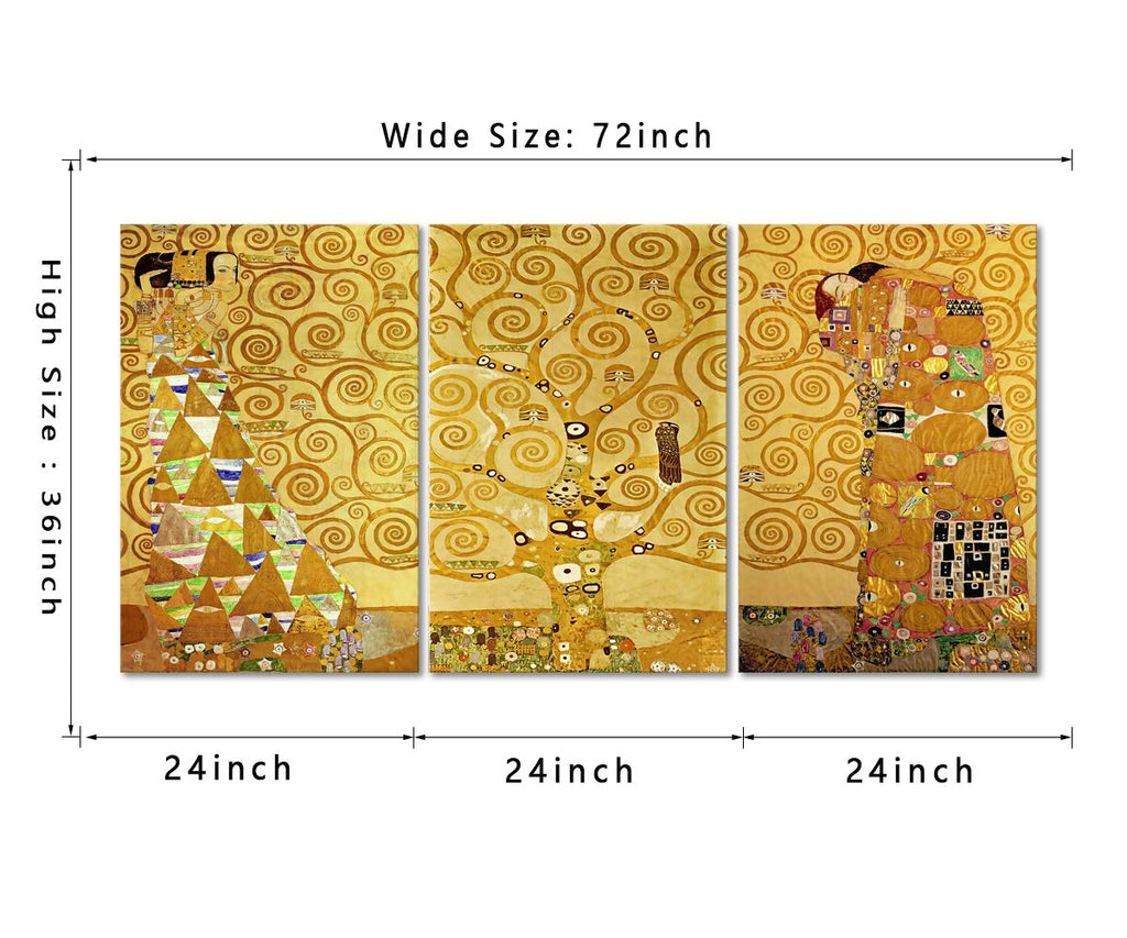 Gustav Klimt Painting Wall Art, The Tree of Life Canvas Picture Art Print, Modern Luxury Gold Style 3 Panels Wall