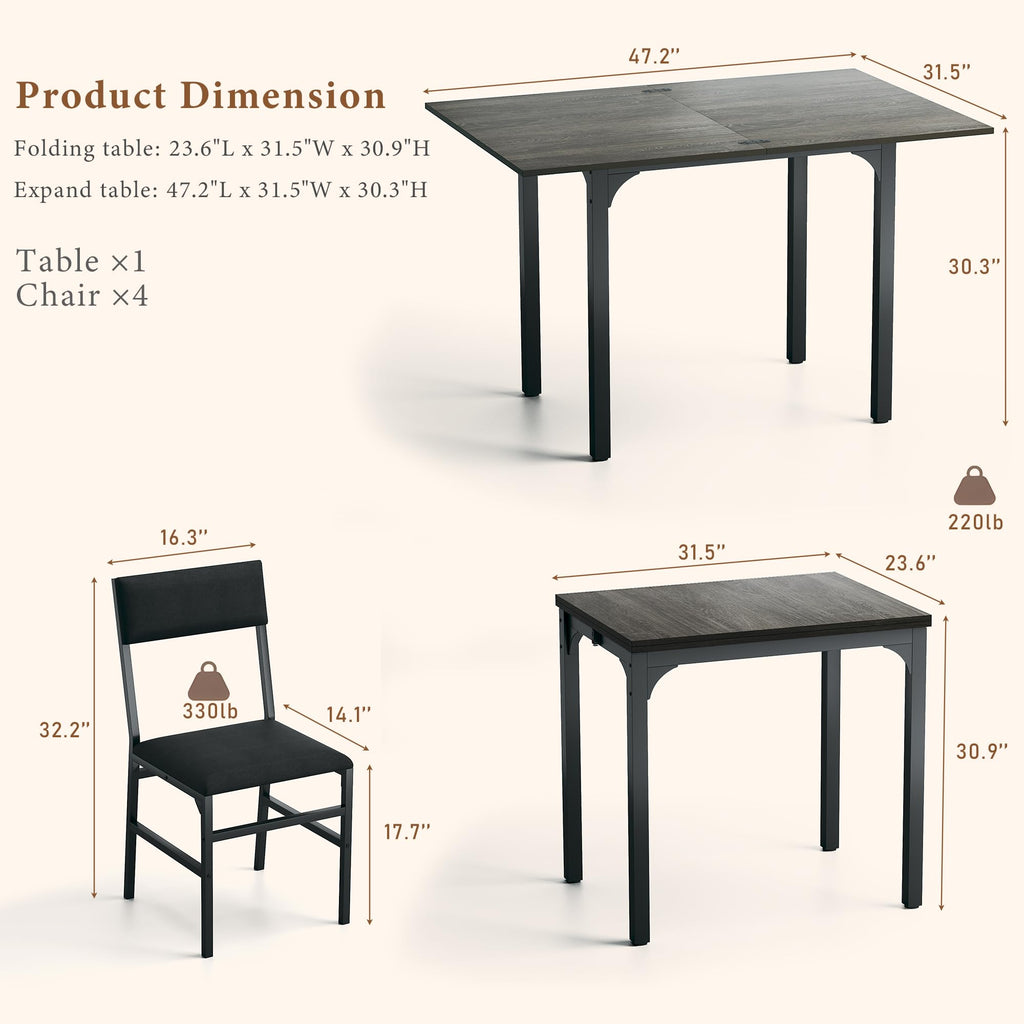 Dining Table Set for 4, Extendable Kitchen Table Cushion Chairs Set of 4, Rectangle Dining Table with Metal Frame &