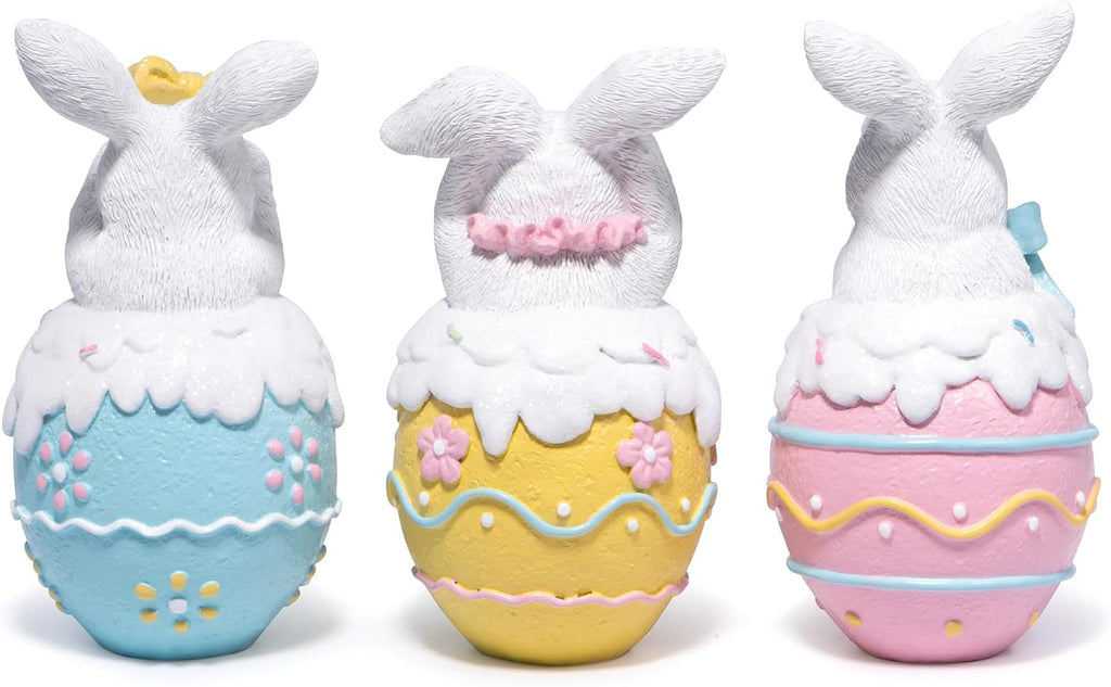 Easter Bunny Figurines - 5.3" Hand-Painted Resin Decorations with Pastel Easter Egg Design - Set of 3
