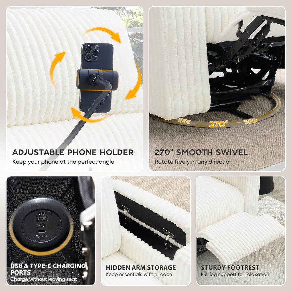 Power Recliner Rocking Chair Nursery, Swivel Glider, White | Premium Corduroy Rocker with USB-A & USB-C Ports, Arm