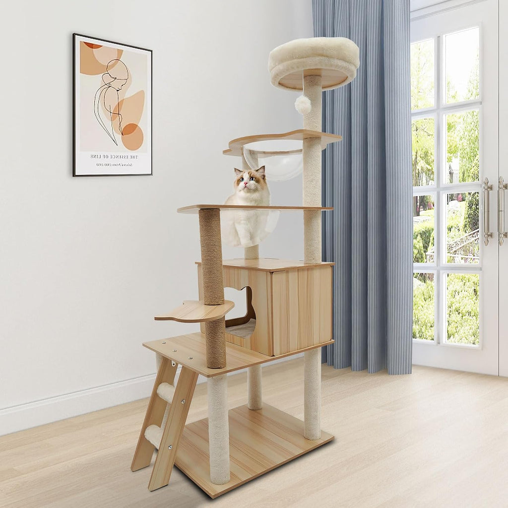Wood Cat Tree, Modern 5-Tier Wooden Cat Tree, Wooden Tower with Acrylic Space Capsules & Sisal Scratching Post