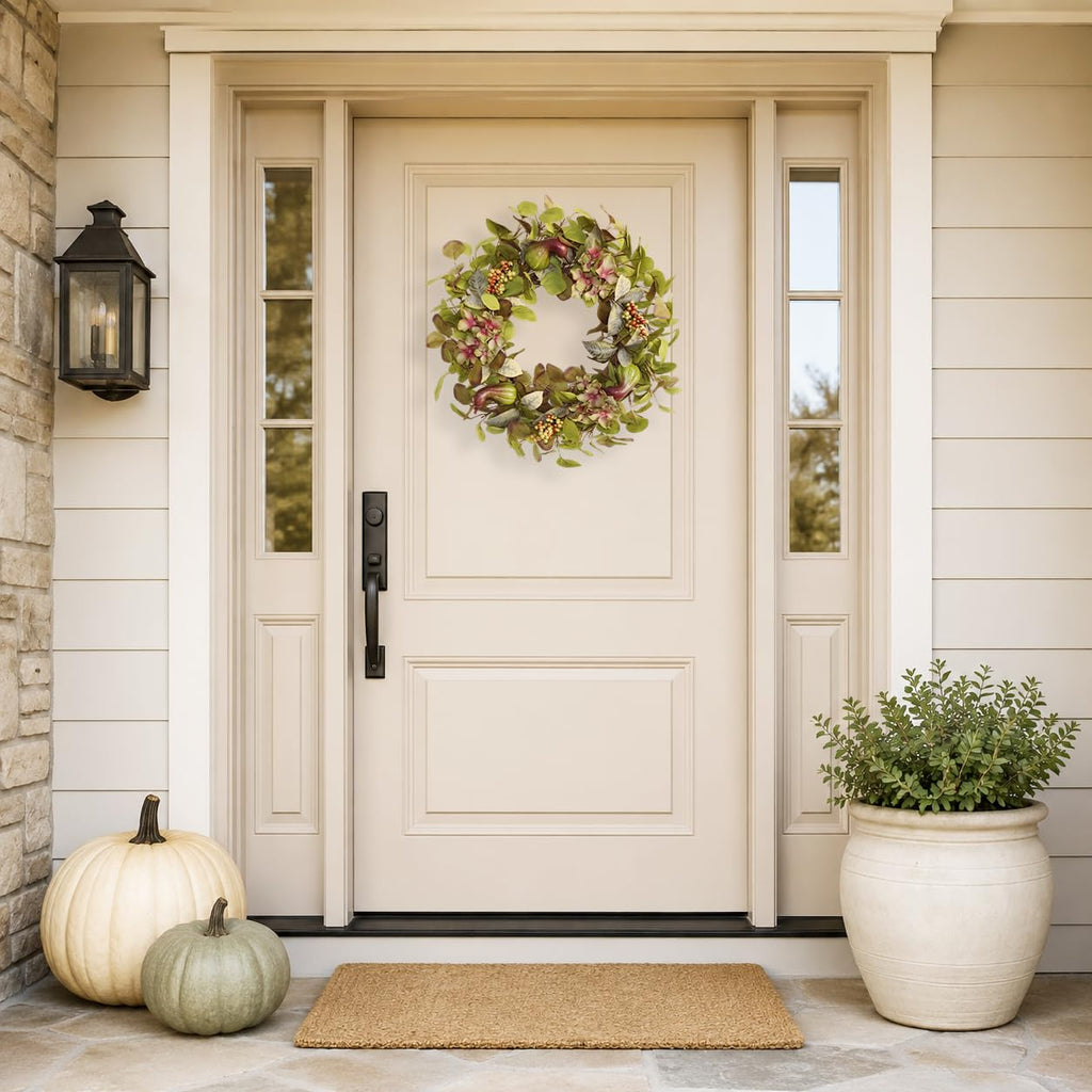 18 Inch Hydrangea Fall Wreath with 3 Pumpkins and 3 Berry Clusters