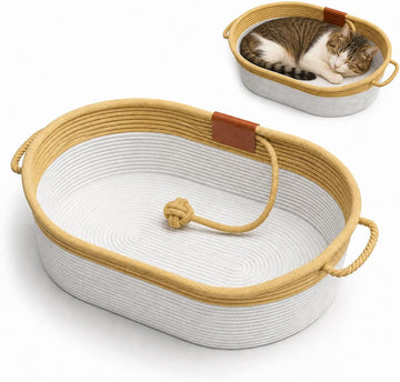Handwoven Cotton Rope Cat Basket Bed, Oval Wicker Cat Bed with Toy Ball & Handles (L Size for Cats Up to 18