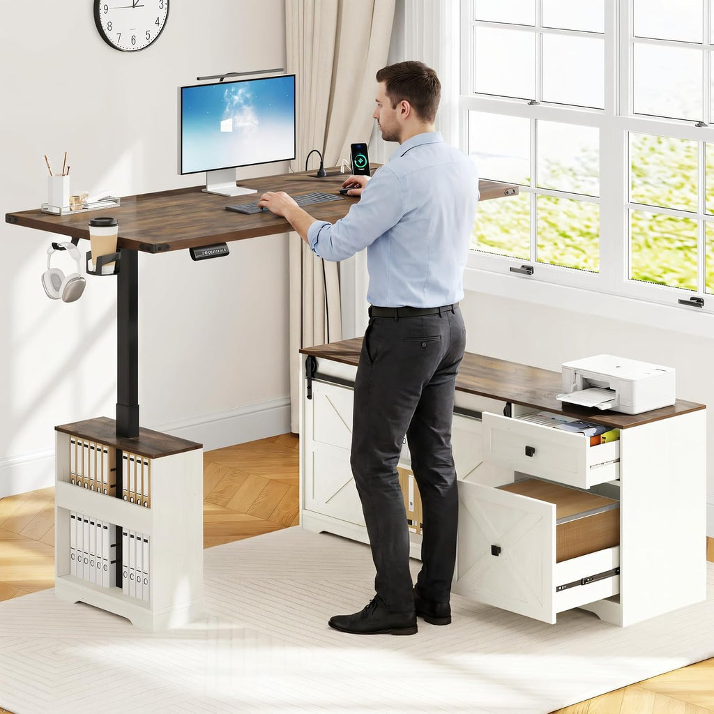L Shaped Electric Standing Desk 63" White with Power & Storage | File drawer, sliding door cabinet, cup holder