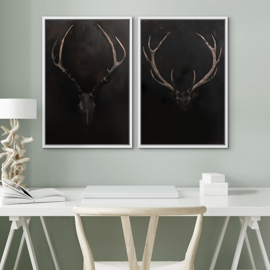 Framed Canvas Print Wall Art Rustic Antler Skull Dark Dramatic Black Vintage-Inspired Deer and Elk Antlers