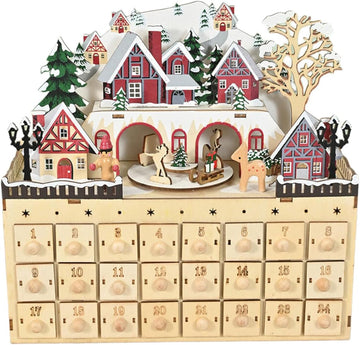 Wooden Advent Calendar, Hand Carved Christmas Calendar With House Tree LED Lights 24 Days With 24 Compartments