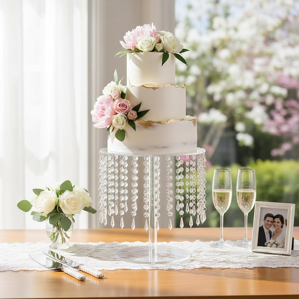 Round Cake Stand - 12 Inch Diameter Acrylic Dessert Display Stand with Crystal Chandelier, Cupcakes Serving Plate