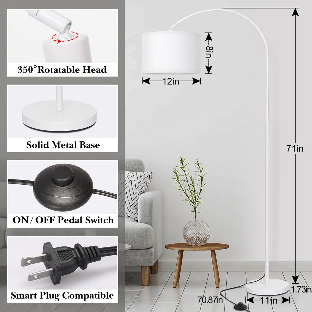 Arc Floor Lamp, White Standing Light with Adjustable Head and Pedal Switch
