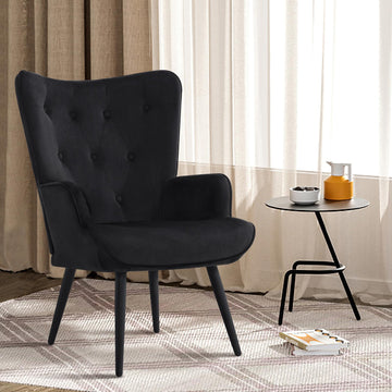 Black Velvet Accent Chair Mid Century Modern Living Room Chairs; Comfy Armchair Leisure Vanity Guest Wingback Chair