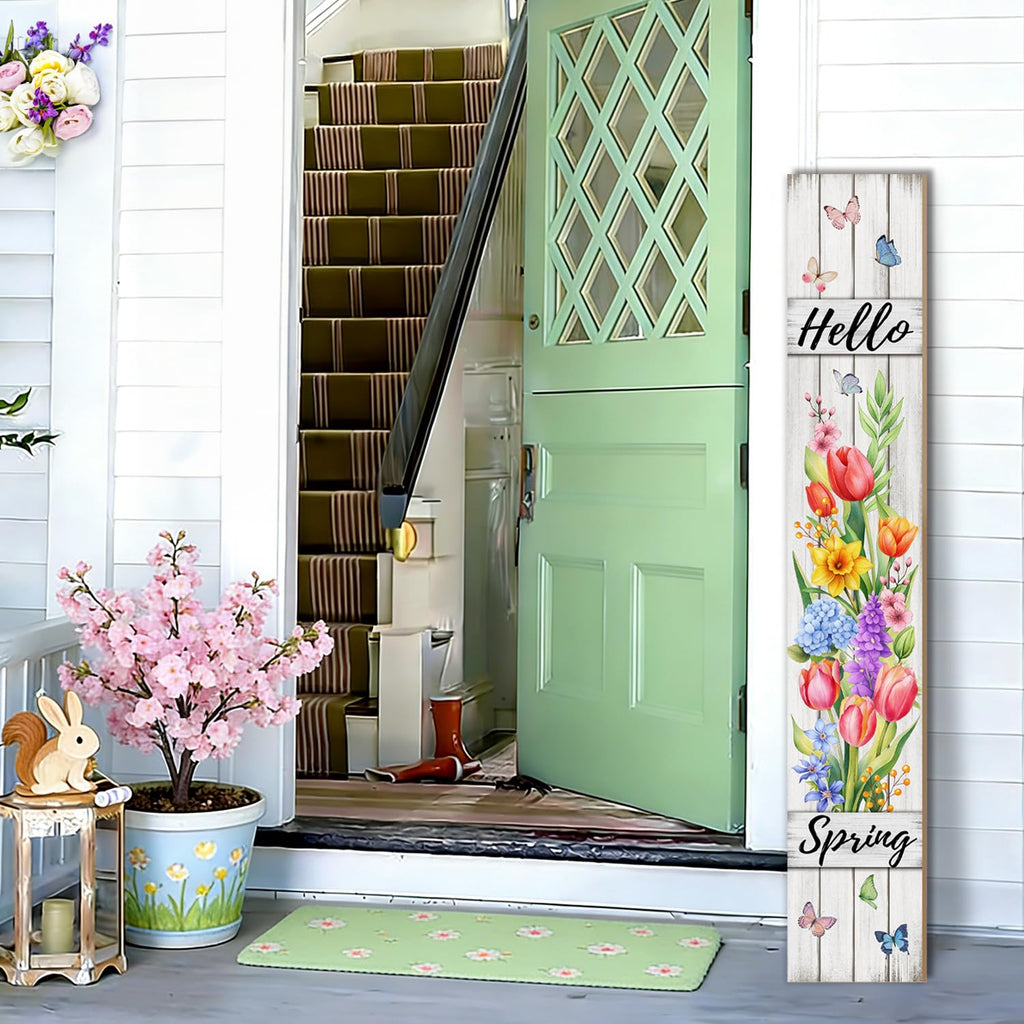 Hello Spring Porch Sign Tulip Butterflies Welcome Sign Rustic Vertical Standing Sign For Front Porch Decor Farmhouse