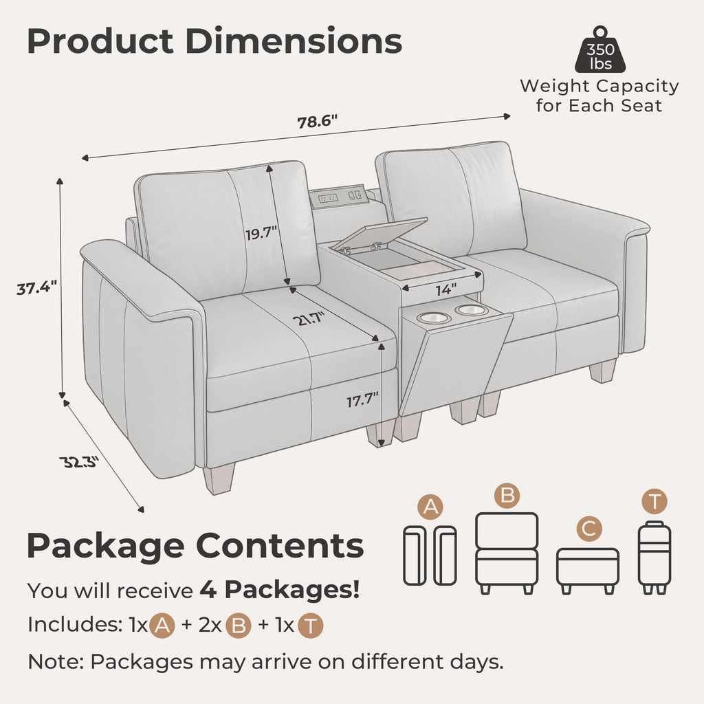 Faux Leather Sectional Sofa, 2 Seater Couch with Console, Gray