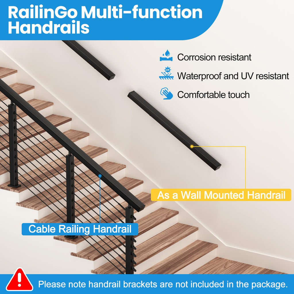 2Pack 6'6" Stainless Steel Cable Railing Handrail for Decks, Black
