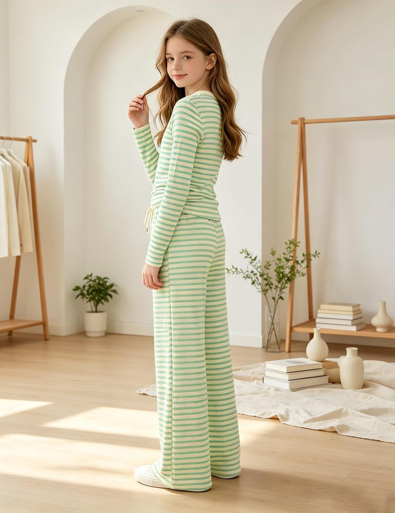 Girls Clothes 2 Piece Crew Neck Fitted Ruched Top High Waist Wide Leg Pants Fall Winter Girls Outfits