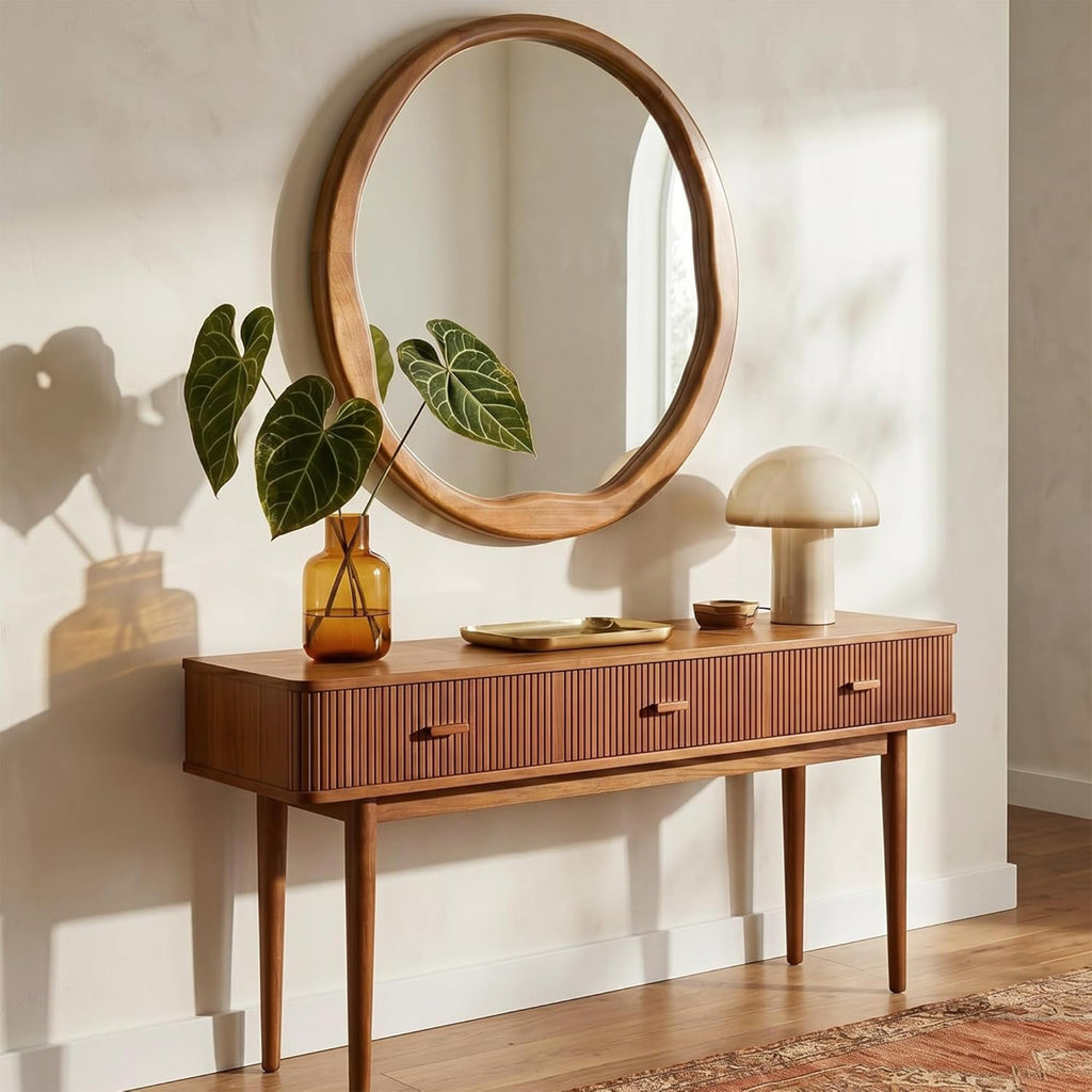 30 Inch Warm Walnut Round Wood Bathroom Mirror, Wavy Inner Edge