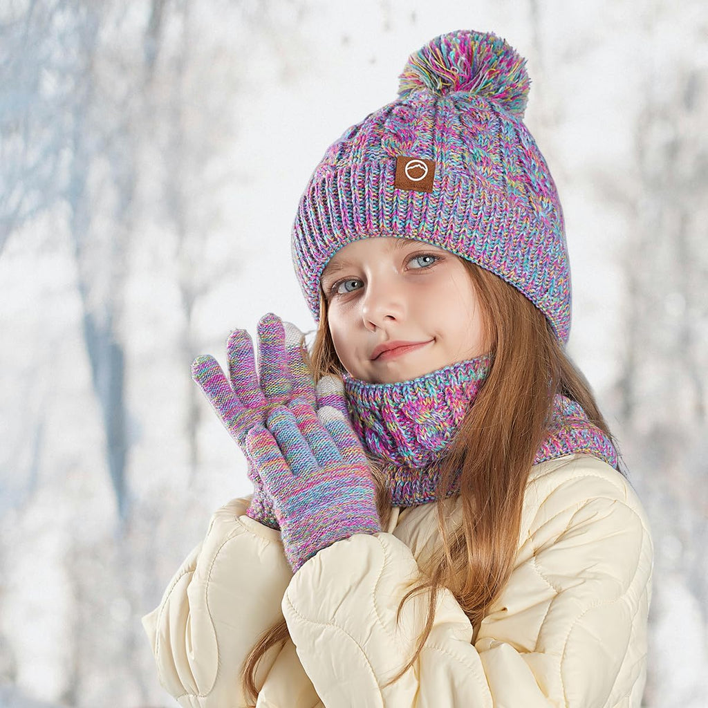 Kids Winter Pom Beanie Hat Scarf Gloves Set,Toddler Girls Boys Warm Knitted Fleece Lining Woollen Cap