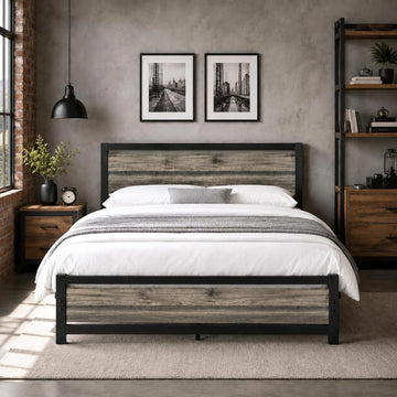 Full Bed Frame with Headboard, Under-Bed Storage, Wash Grey