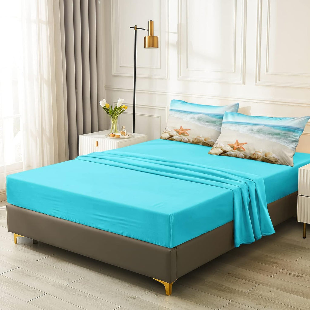 Beach Themed Comforter Set - Sheets, Starfish Sea Life Printed - Women's Adult Coastal Bedding - Aqua