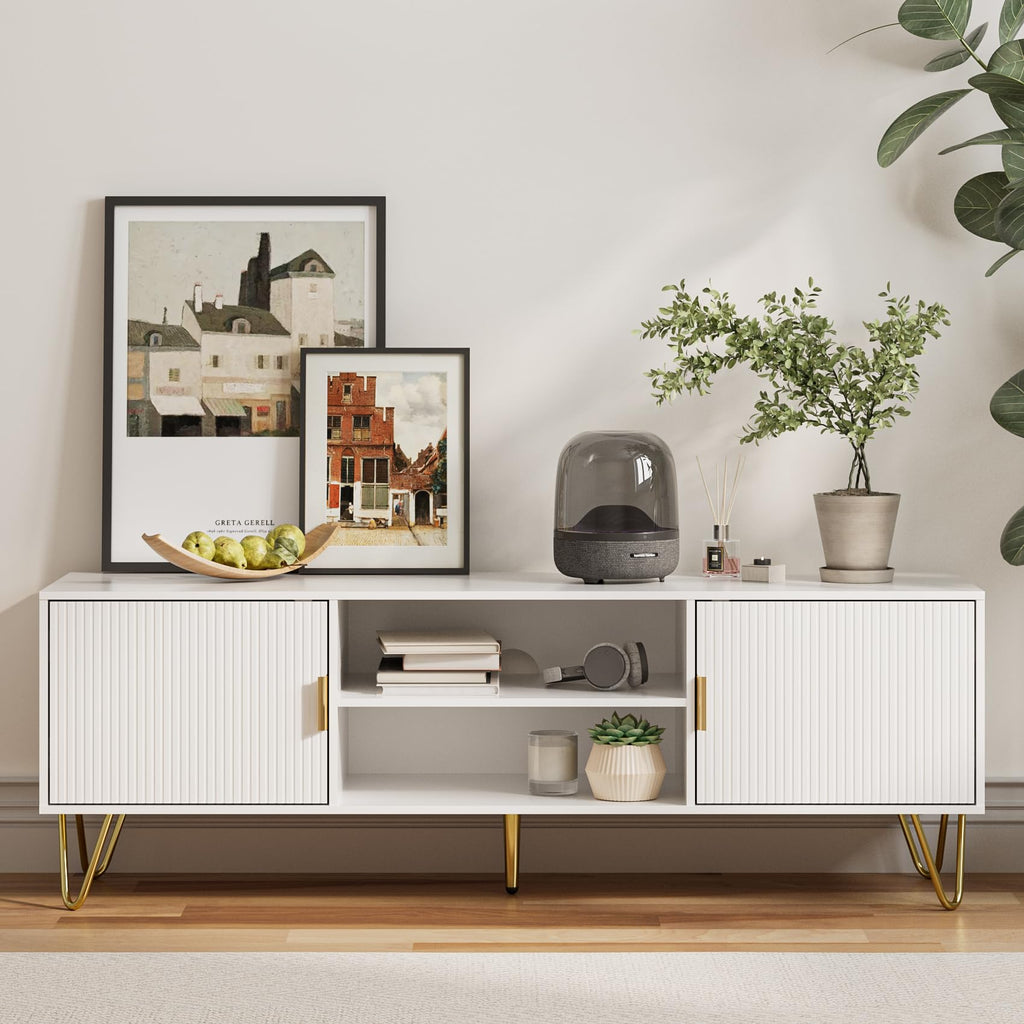 TV Stand for 55-65 Inch TV, Entertainment Center with Soft Hinge Door, TV Console Table with 2 Cabinets with Gold