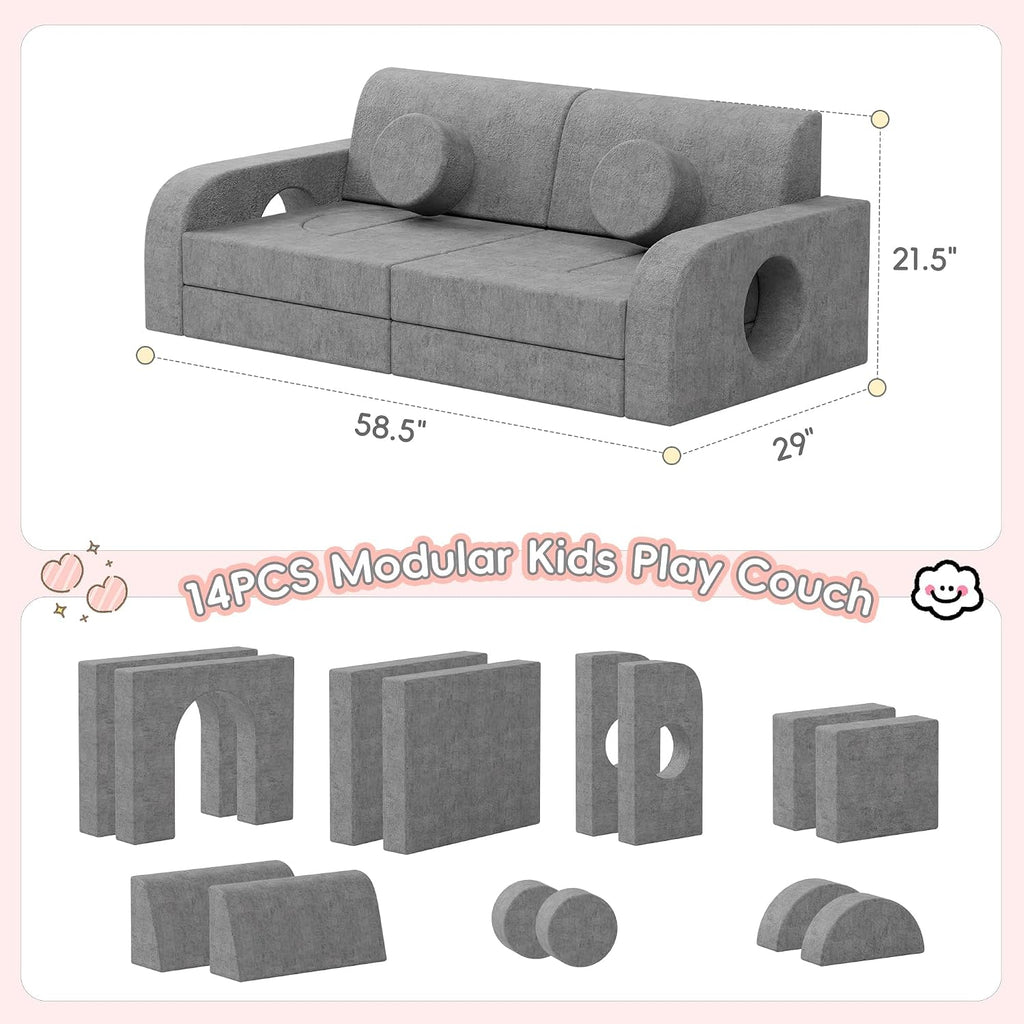 Piece Modular Kids Play Couch, Convertible Sofa, Grey