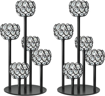 5-Arm Crystal Tealight Candelabra Centerpiece, 14.8 Inch Metal Candle Holder for Table Decor, Wedding, Christmas