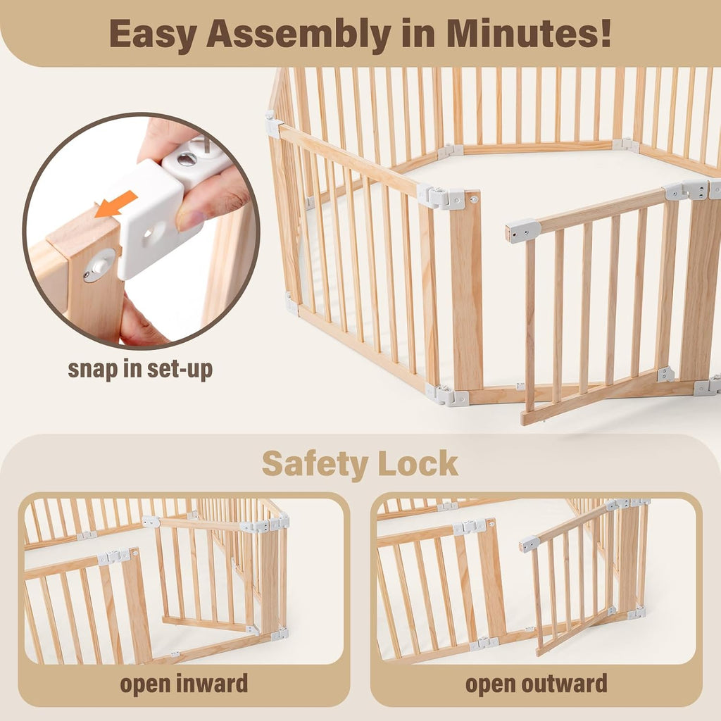 Foldable Wooden Playpen-61"x61"x25"-Large Baby Gate Playpen with Child-Proof Lock-Easy Assembly, Portable Design for