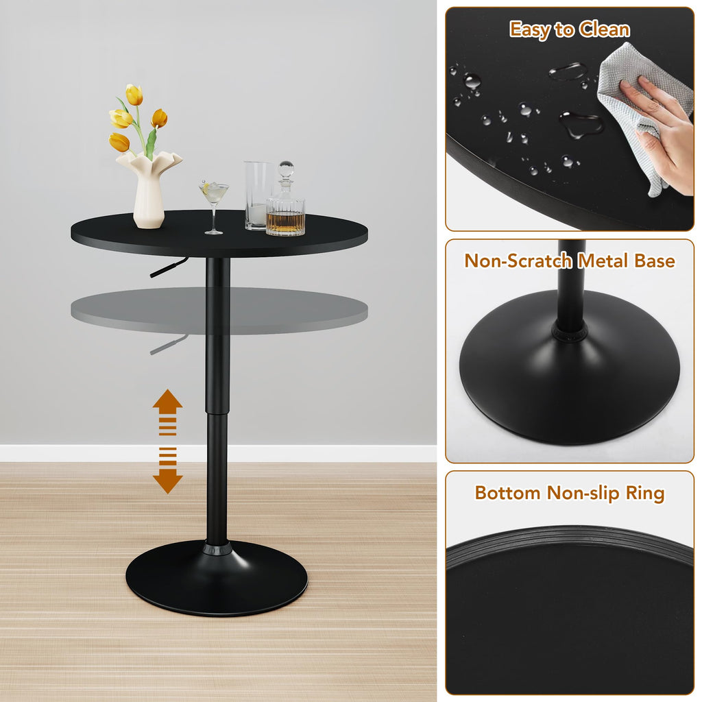 Round Pub Table, Height Adjustable Bar Table with 360 Swivel Top, Cocktail Table with Black Metal Base for Bar