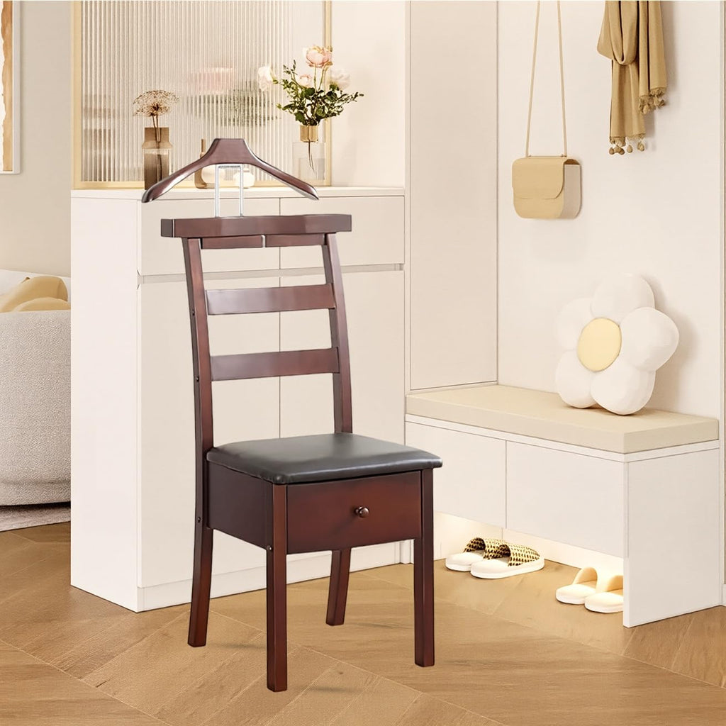 Wood Chair Valet Stand, With Hanger Trouser Bar, Top Storage Tray Wardrobe, With Large Drawer Clothing Rack, Men