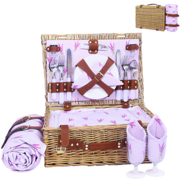 Wicker Picnic Basket for 4, Insulated Set with Blanket