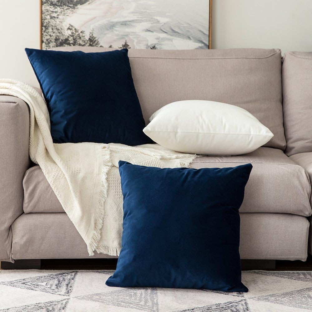 Velvet Throw Pillow Covers 18x18 Inch, Pack of 2 - Dark Blue, Super Soft Decorative Square Cushion Cases Modern