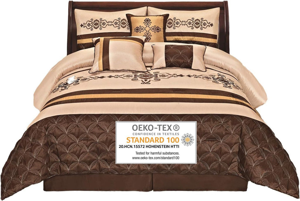 7 Pieces Complete Bedding Ensemble Beige Brown Gold Luxury Embroidery Comforter Set Bed-in-a-Bag Bedding- Yasmen King