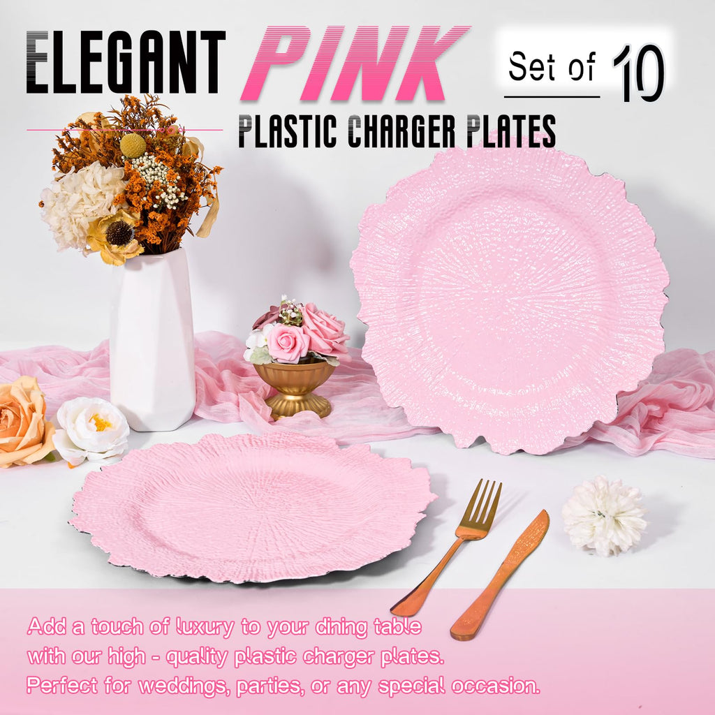 Pink Charger Plates Bulk 10Pcs - 13" Elegant Pink Chargers for Dinner Plates, Wedding & Event Decorative Charger