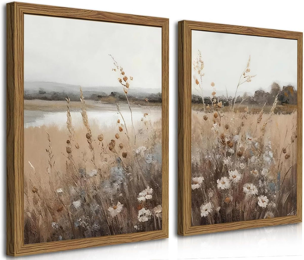 Framed Vintage Wildflower Wall Art Set of 2, Retro Country Floral Canvas Wall Decor Paintings, Farmhouse Field