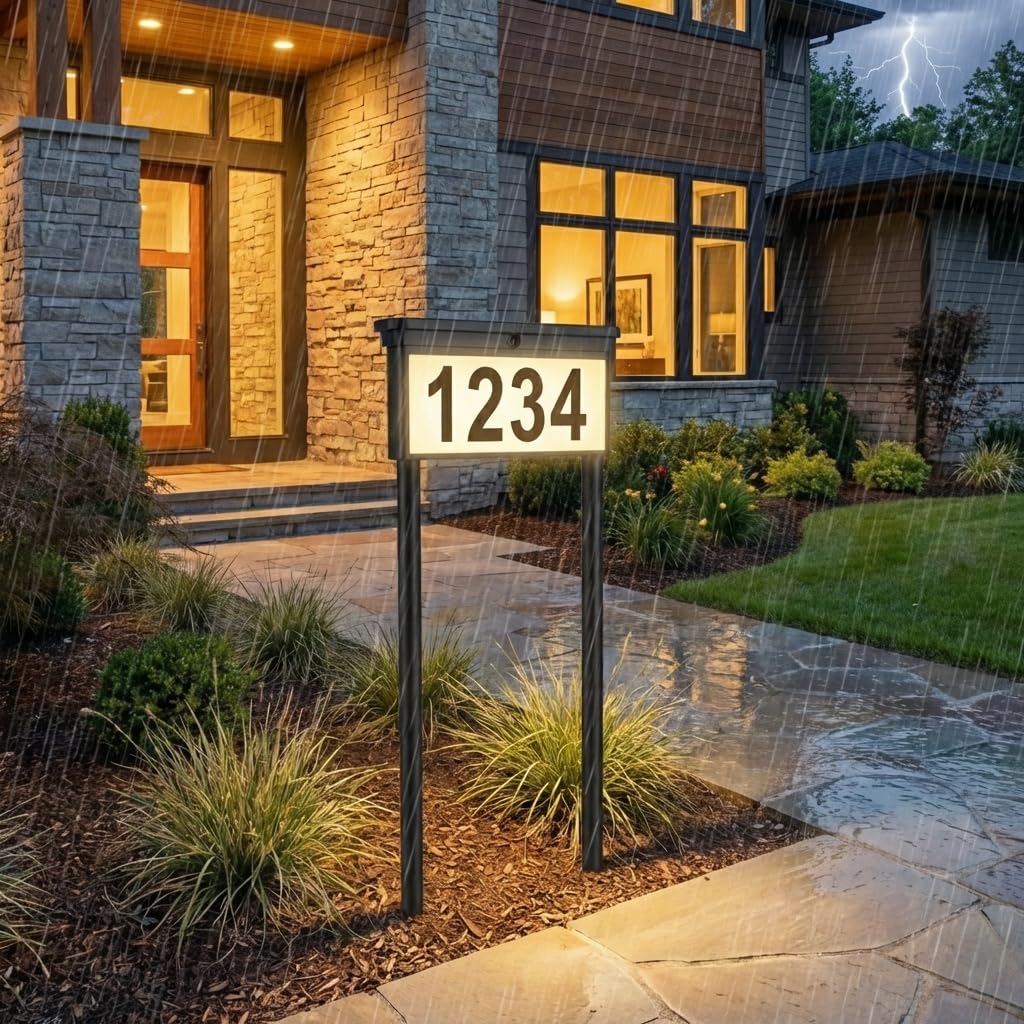 Solar Address Sign for Yard: 29" Double-Sided Lighted House Numbers with 12 Color Modes, 2-in-1 Dual Mounting (Stake