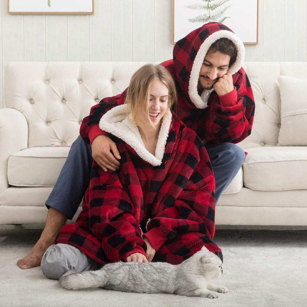 5FT Oversized Wearable Blanket Hoodie Flannel Sherpa Fleece Warm Cozy Christmas Wrap Throw Gifts for Adult