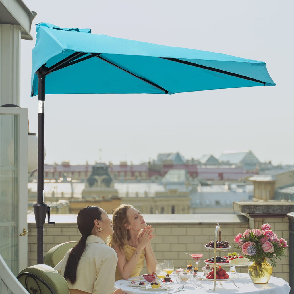 9 ft Half Round Outdoor Patio Market Wall Umbrella with Tilt, Aqua Blue