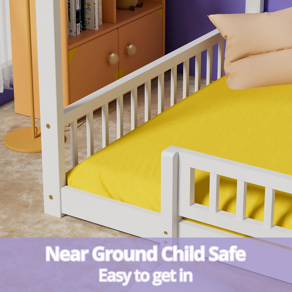Tw Bed with Fence, Wooden Montessori Bed with Slats Support, Floor Bed Frame for Boys Girls Bedroom, White
