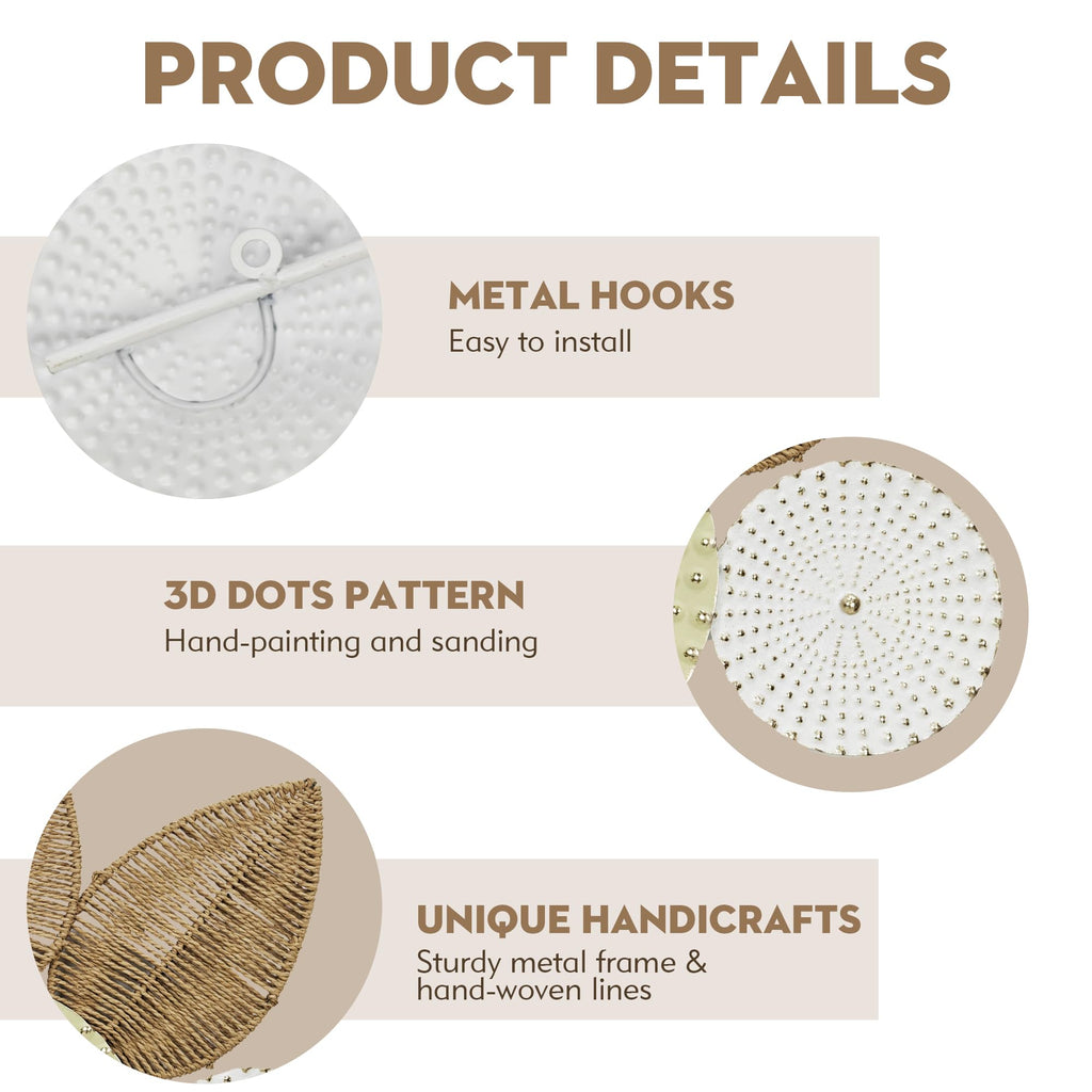 Boho Woven Wall Decor- Rattan Leaf & Circular 3D Wall Art Decor, 35"x 26" Large Hanging Decoration in Sage & Beige