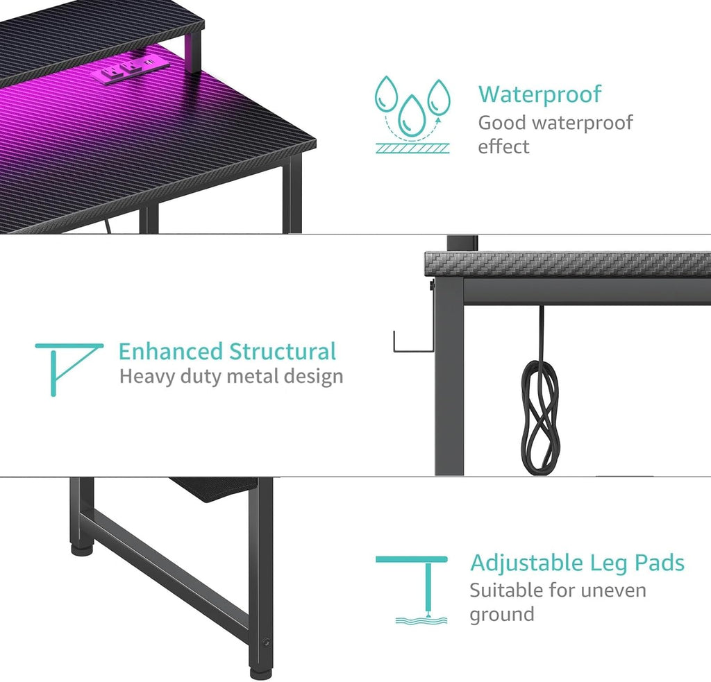 Gaming Desk with Power Outlets and LED Lights, 40 Inch Gamer Desk Table with Charging Station, Home Office Computer