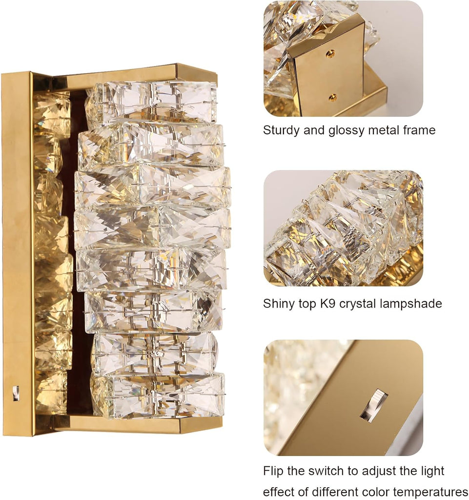 Gold Crystal Wall Sconce, Modern Dimmable LED Sconces Wall Lighting, Luxury Vanity Light Fixture Bathroom Wall