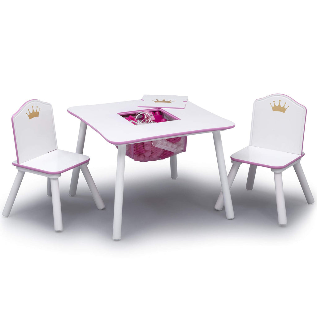 Children Princess Crown Kids Wood Table and Chair Set with Storage - Greenguard Gold Certified, White/Pink