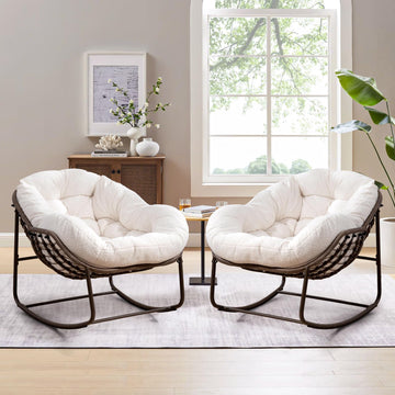 Large Indoor Rocking Chair Set of 2, Oversized Rocking Papasan Chair with Thick Cushion and Frame, Comfy Teddy Rocker