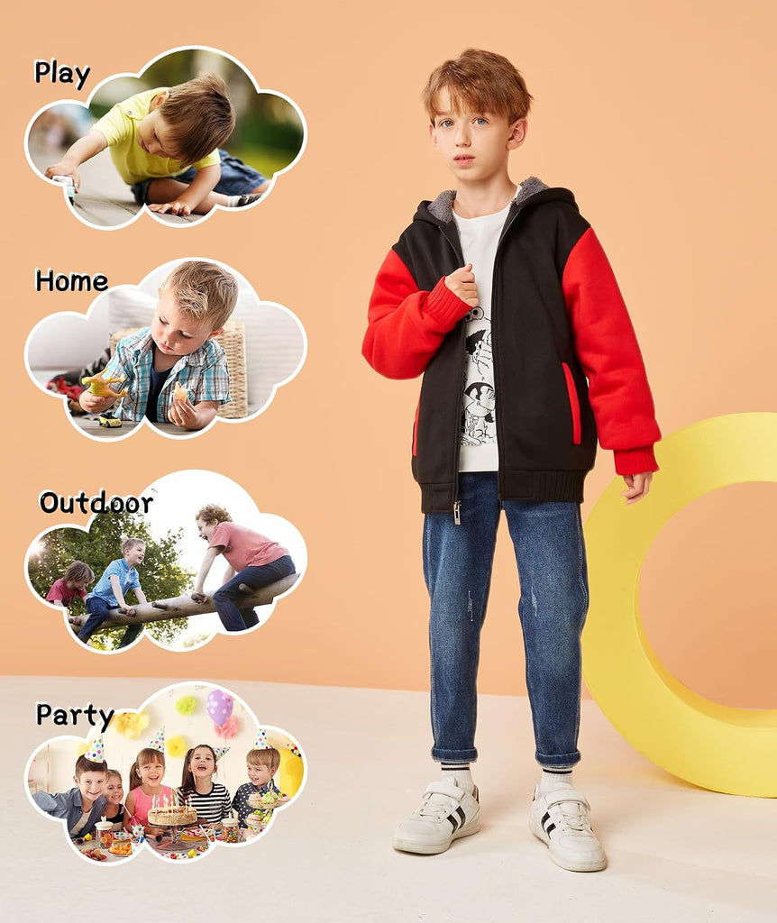 Boys Hoodie Zip Up Fleece Lined Jacket Kids Warm Sherpa Hooded Sweatshirts